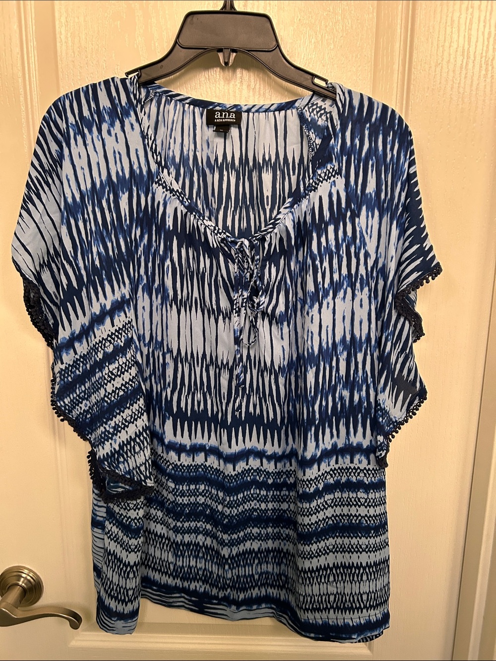 a.n.a Blue and White Ikat-Print Tie-Neck Blouse